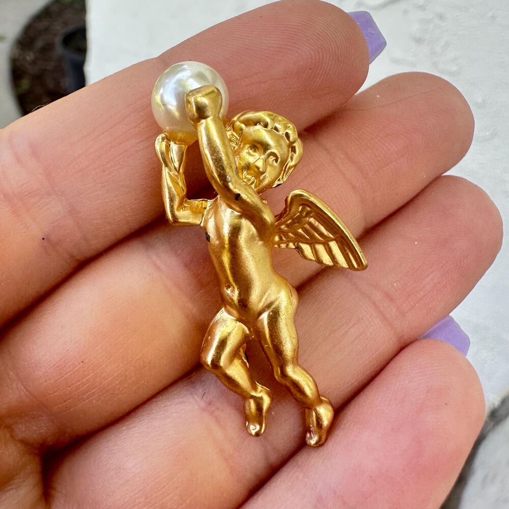 Vintage Jewelry Gold Tone Angel with Wings Brooch with Faux Pearl Angel Pin Cher
